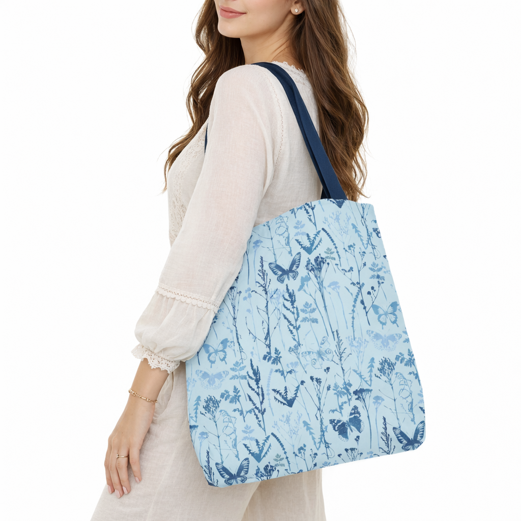 Artisan Tote Bag - "Vintage Meadow" in Light Blue