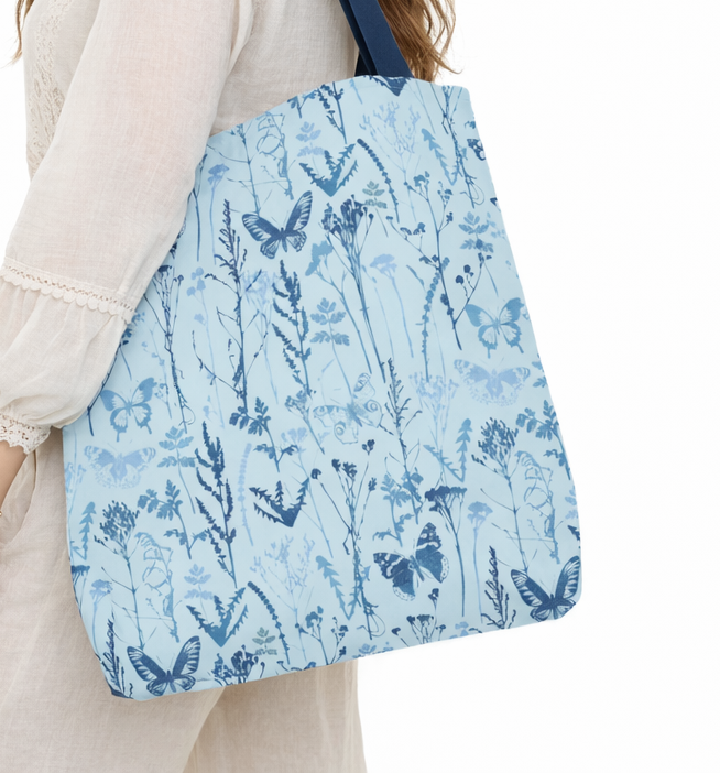 Artisan Tote Bag - "Vintage Meadow" in Light Blue
