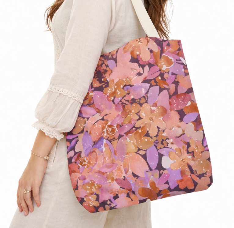 Artisan Tote Bag - "Retro Florals" in Plum