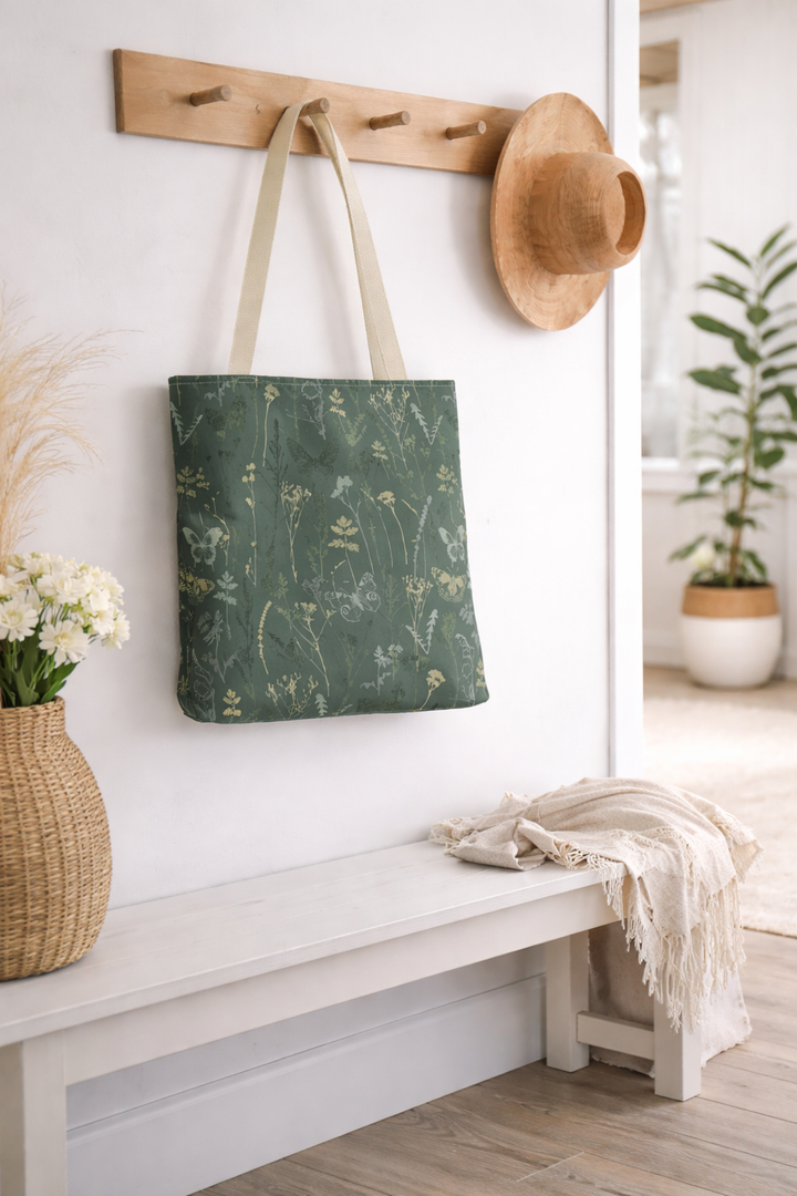 Artisan Tote Bag - "Vintage Meadow" in Forest Green