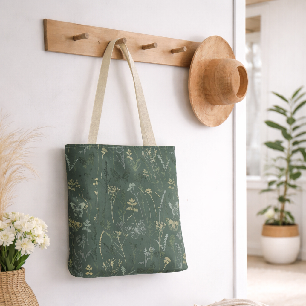 Artisan Tote Bag - "Vintage Meadow" in Forest Green