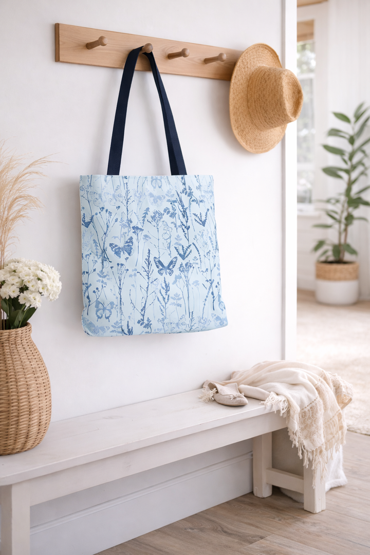 Artisan Tote Bag - "Vintage Meadow" in Light Blue