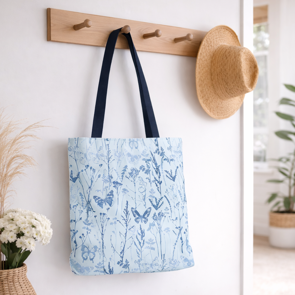Artisan Tote Bag - "Vintage Meadow" in Light Blue