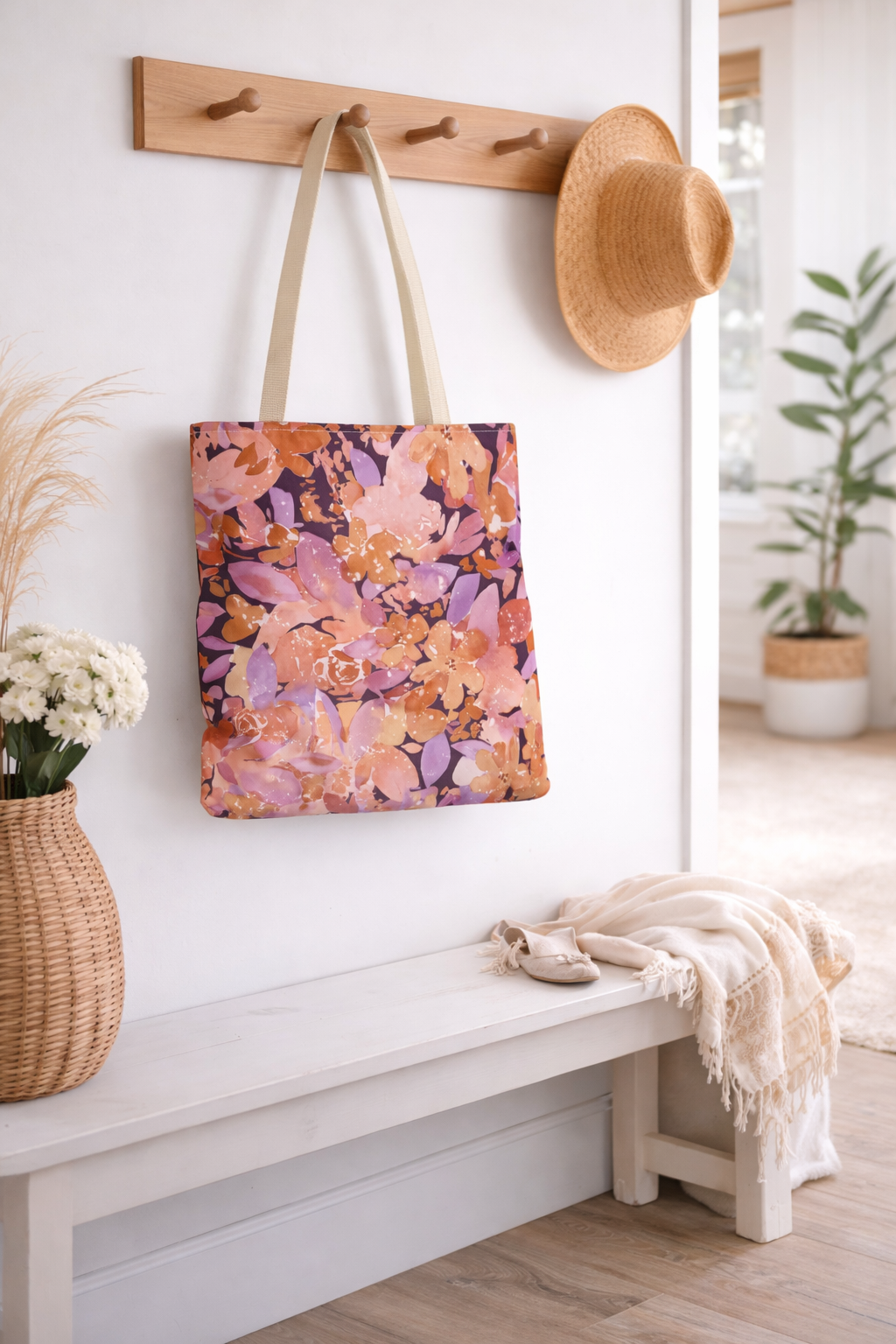 Artisan Tote Bag - "Retro Florals" in Plum