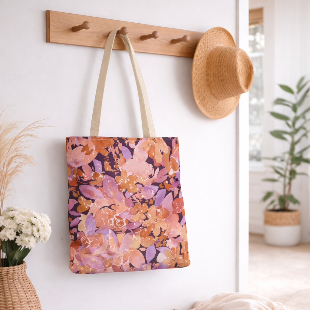 Artisan Tote Bag - "Retro Florals" in Plum