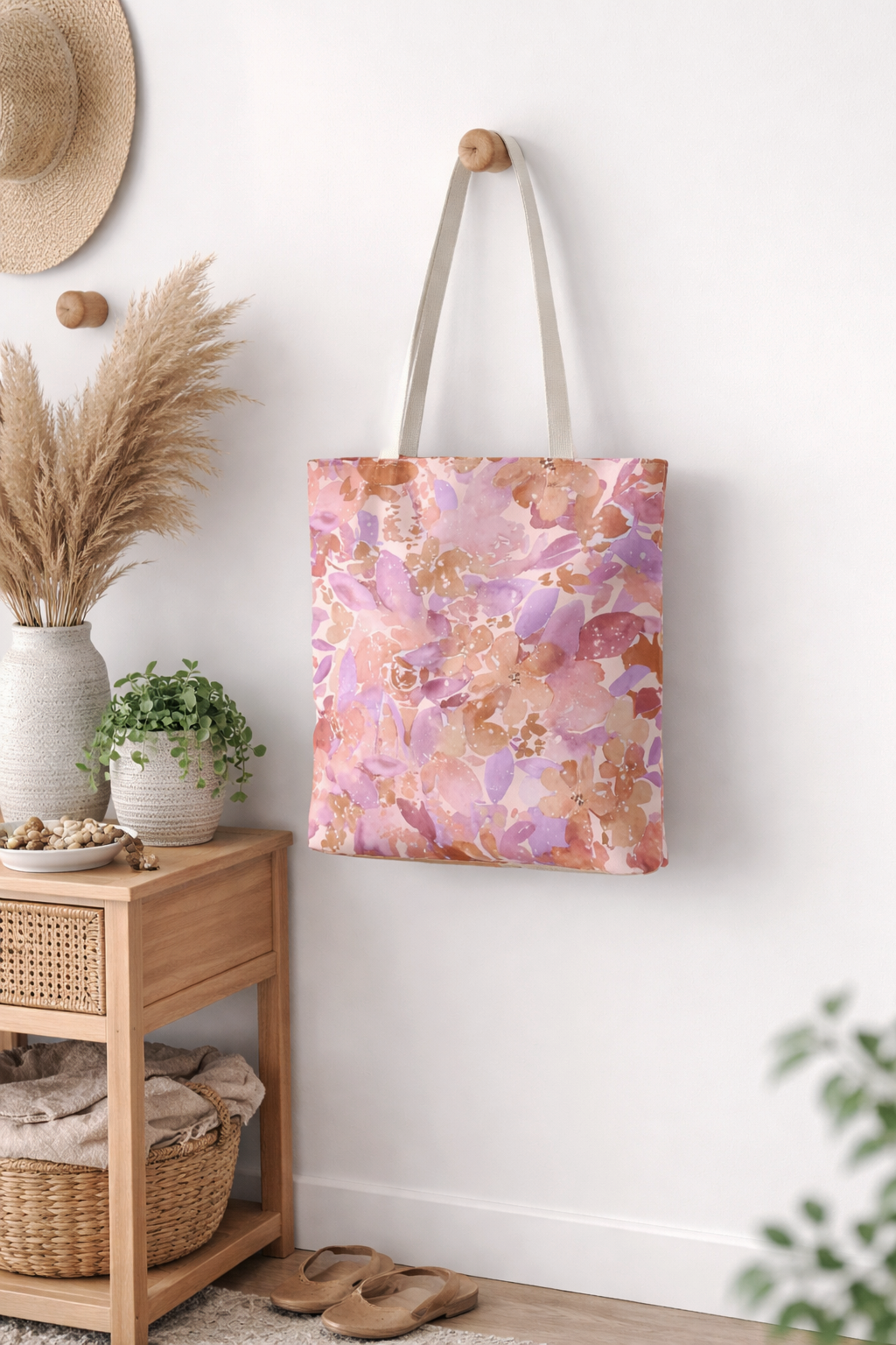 Artisan Tote Bag - "Retro Florals" in Light Pink