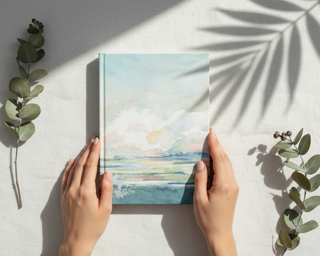 Flat lay with hands touching journal